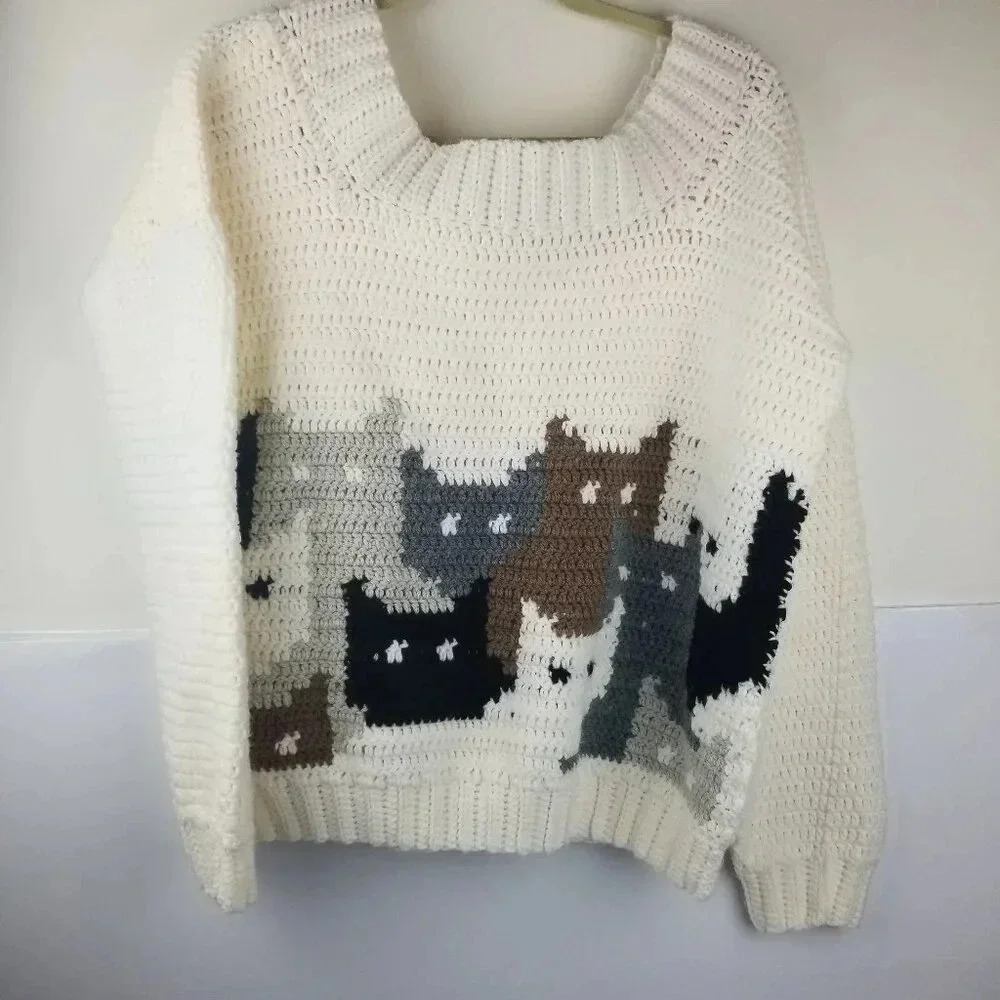Crochet Vintage Hand Crochet Catghan Women's White Sweater